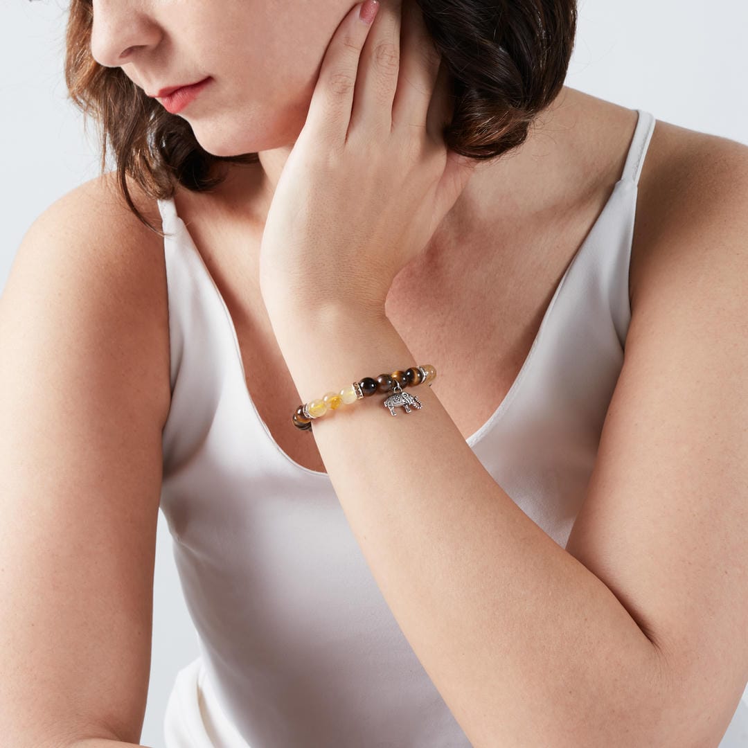 Kraftarmband Tigerauge-Rutilquarz mit Elefanten-Anhänger – Stärke & Weisheit