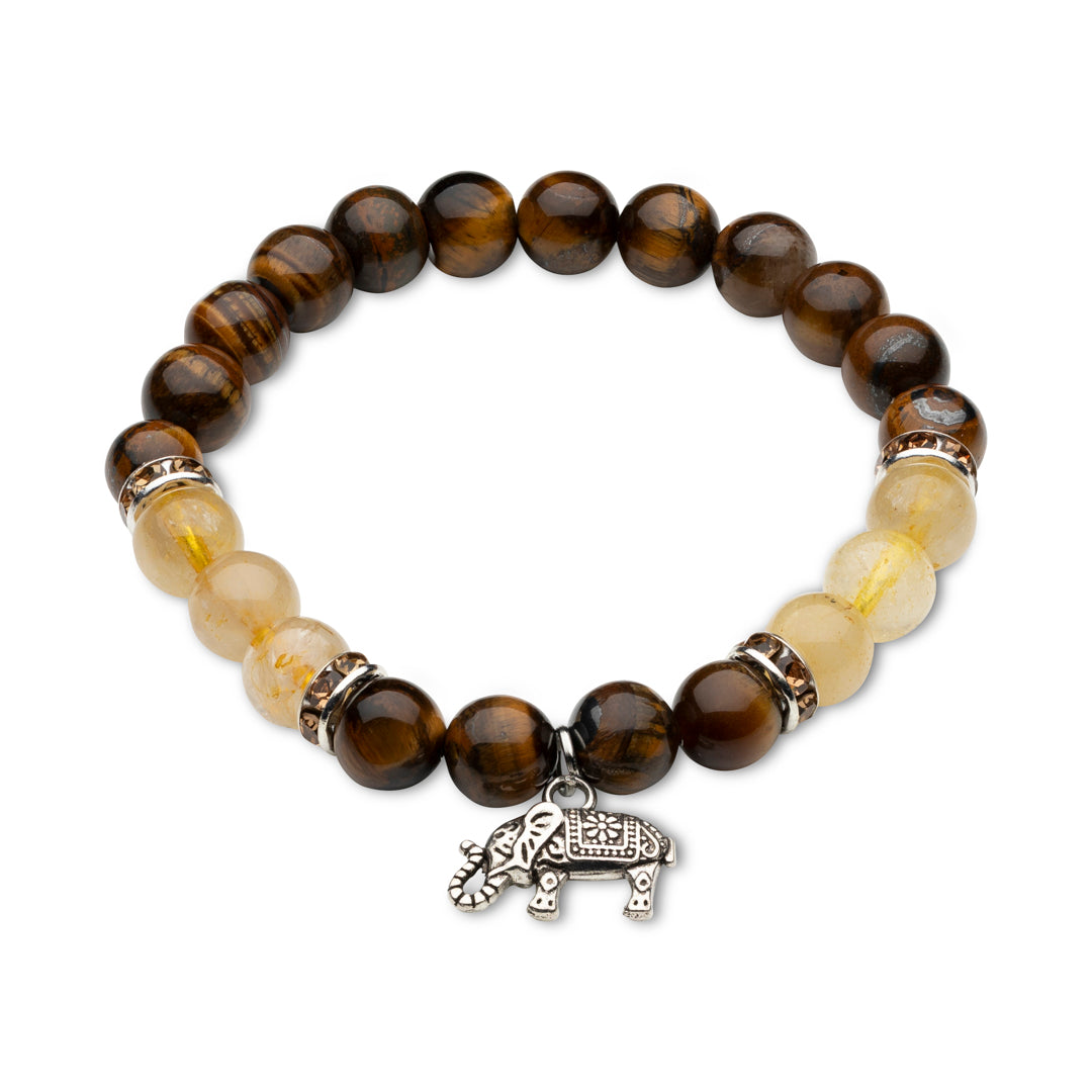 Kraftarmband Tigerauge-Rutilquarz mit Elefanten-Anhänger – Stärke & Weisheit