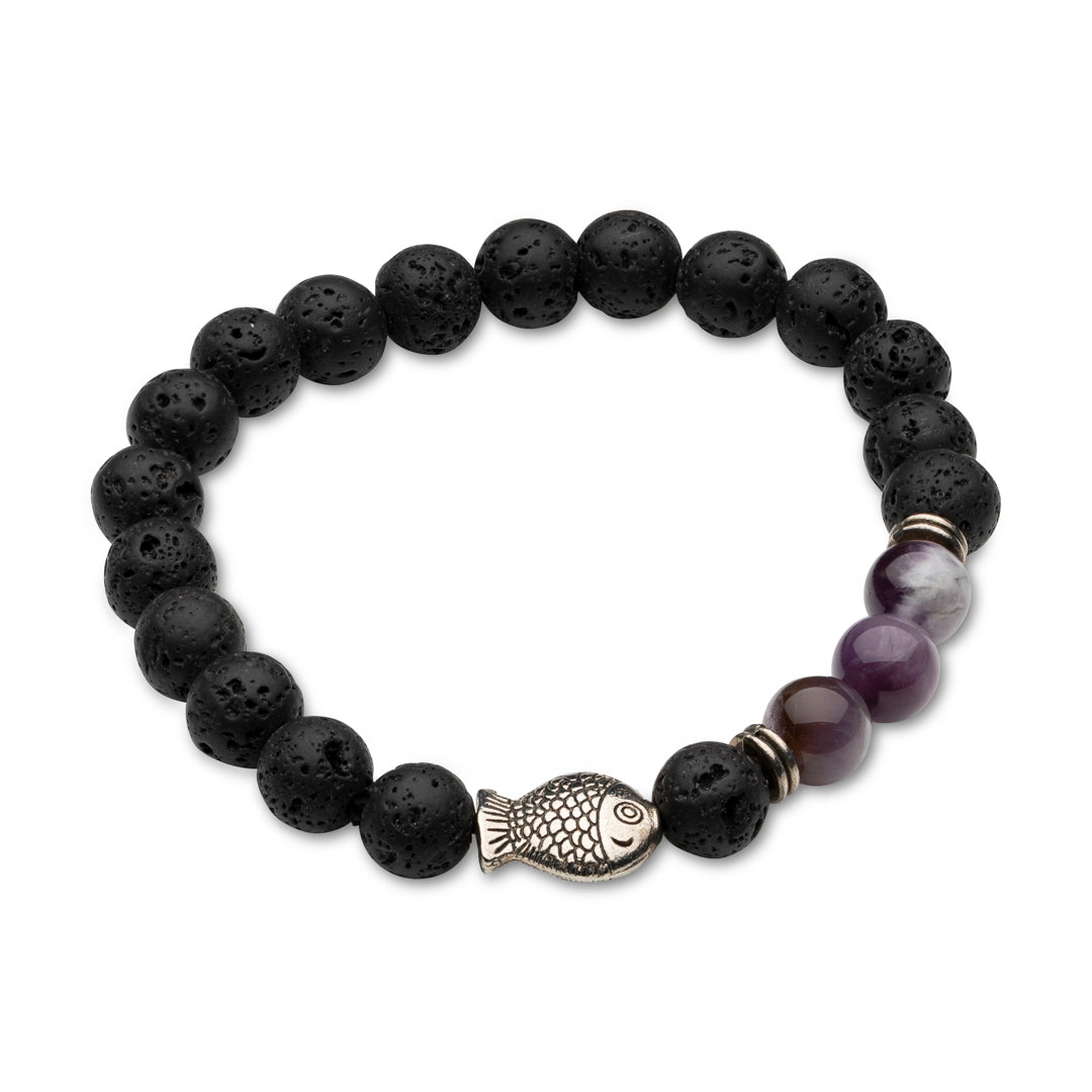 Kraftarmband Lavastein-Amethyst mit Fisch-Symbol – Erdung & innere Ruhe