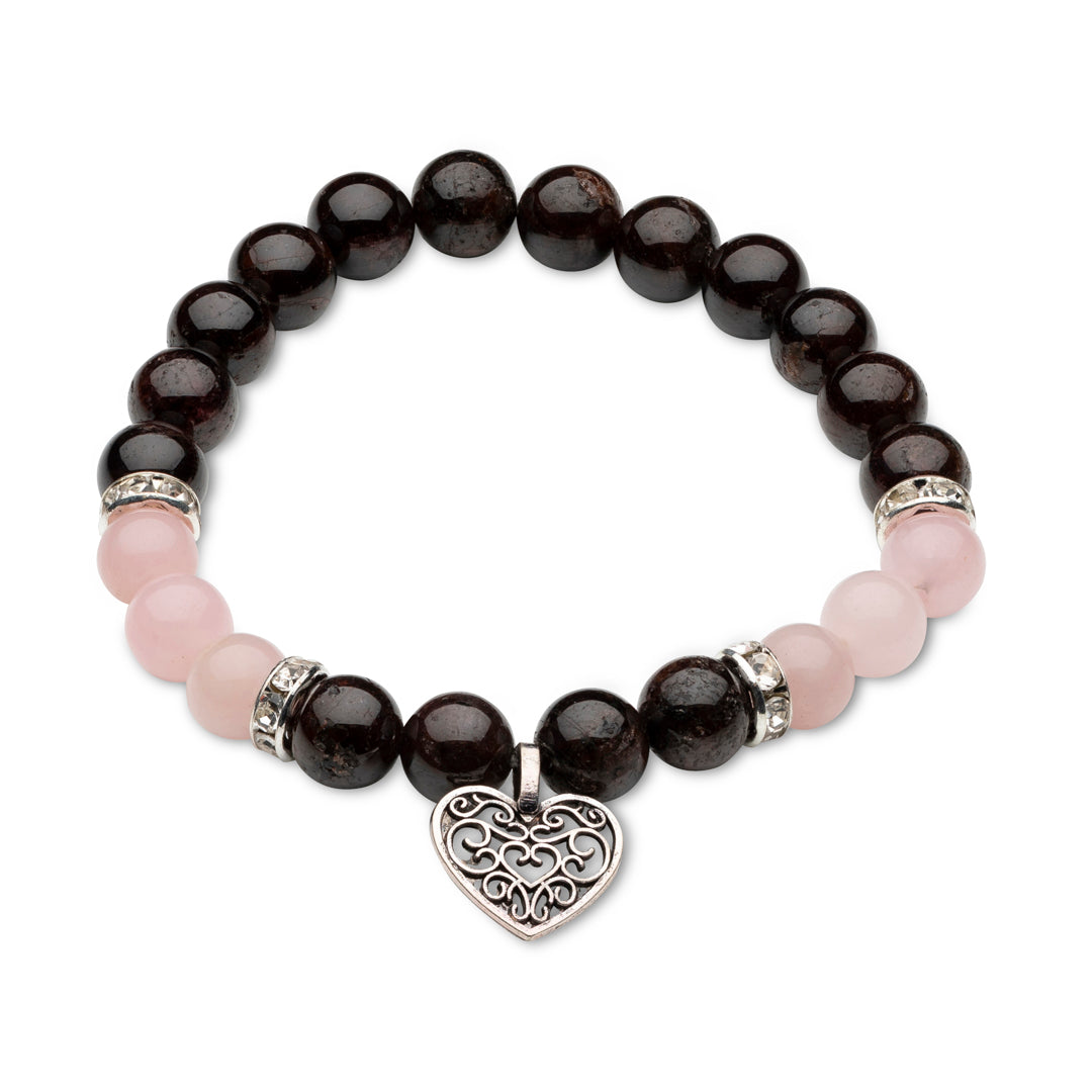 Kraftarmband Granat-Rosenquarz mit Herz-Anhänger – Liebe & innere Stärke