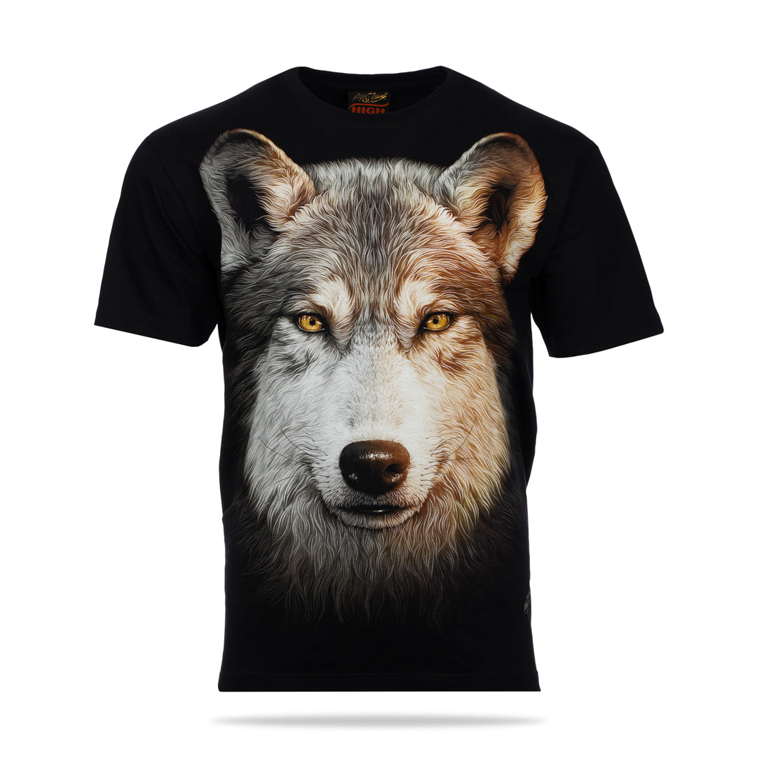 Schwarzes T-Shirt mit grauem Wolf-Print, Vorderseite