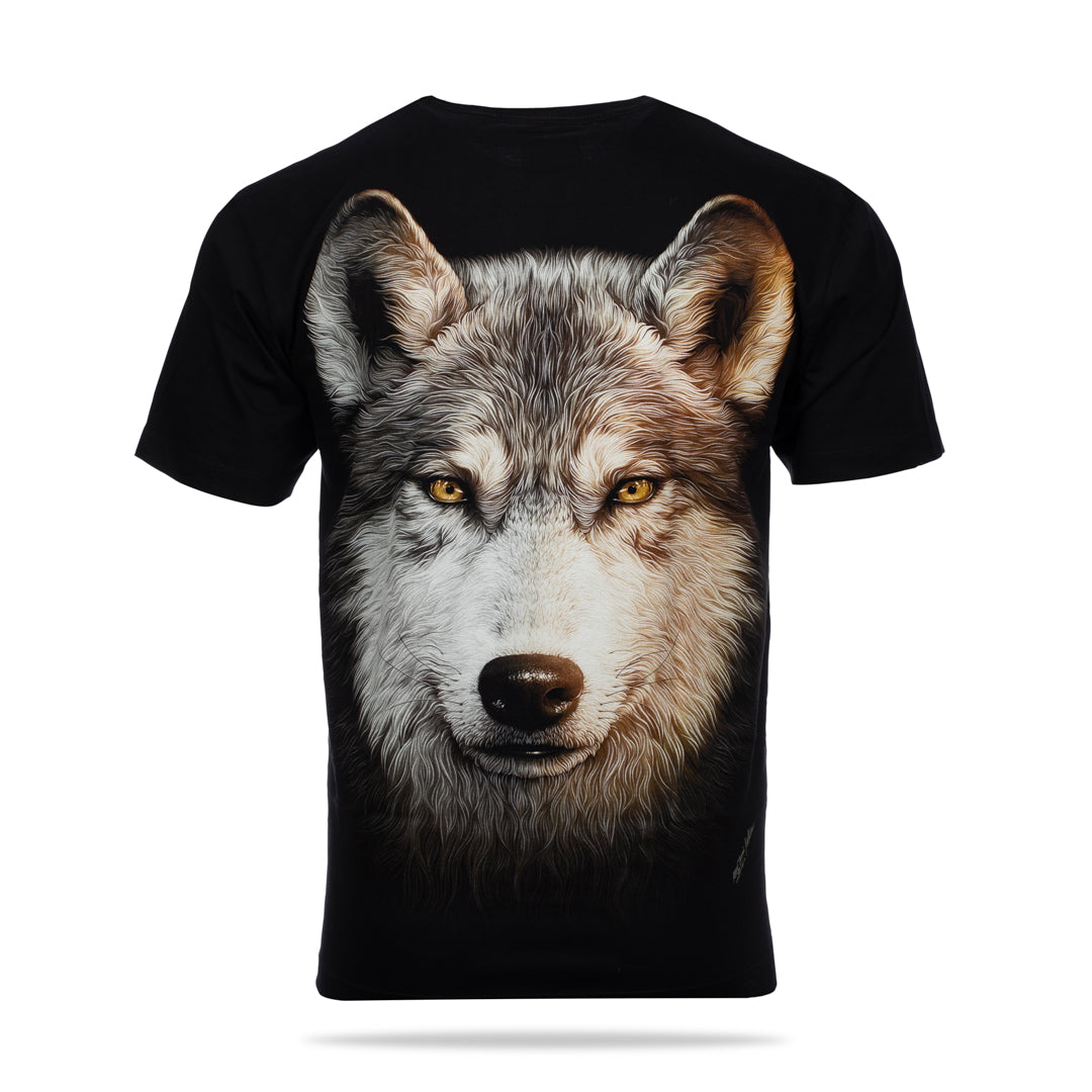 Schwarzes T-Shirt mit grauem Wolf-Print, Rückseite