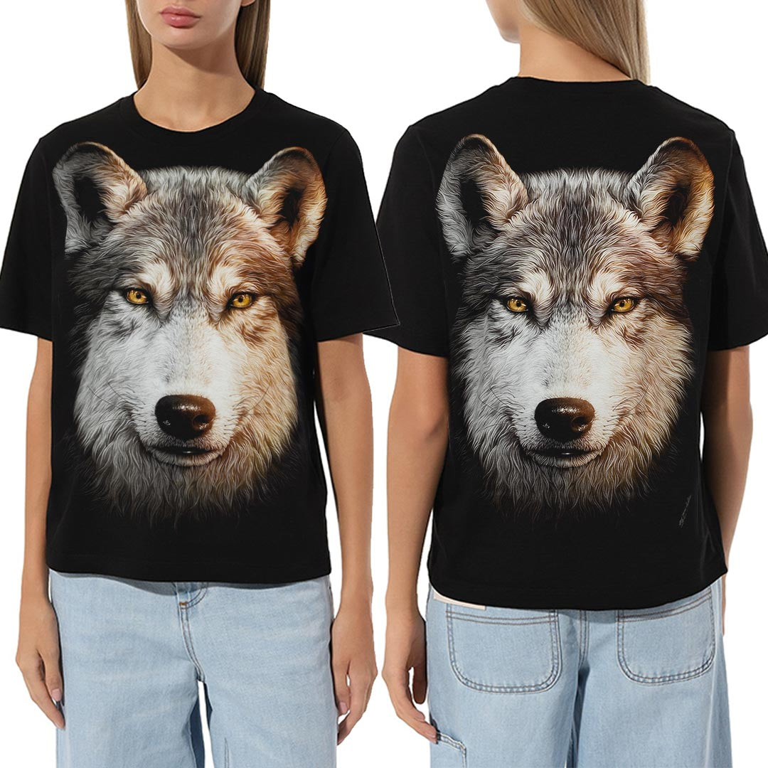 Schwarzes T-Shirt mit grauem Wolf-Print, Vorder- und Rückseite