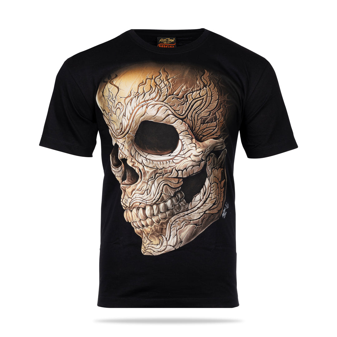 Schwarzes T-Shirt mit Flammendem Totenkopf-Print, Vorderseite