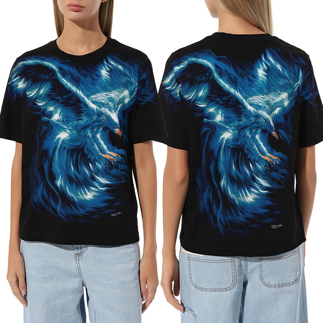 Schwarzes T-Shirt mit Blauer Adler-Print, Vorder- und Rückseite