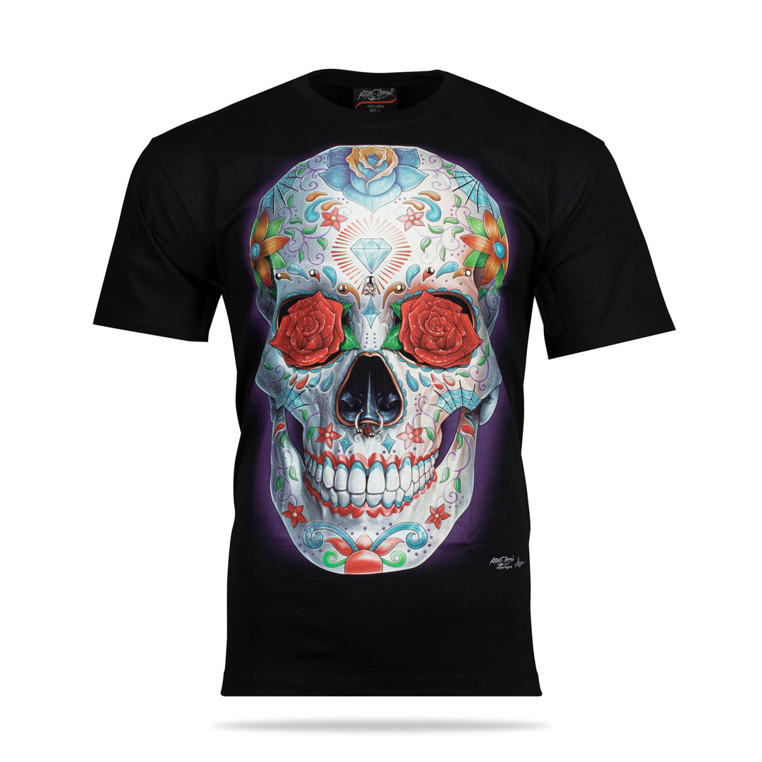 Schwarzes T-Shirt mit Totenkopf Los Muertos-Print, Vorderseite