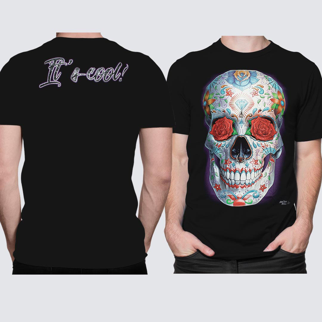 Schwarzes T-Shirt mit Totenkopf Los Muertos-Print, Vorder- und Rückseite