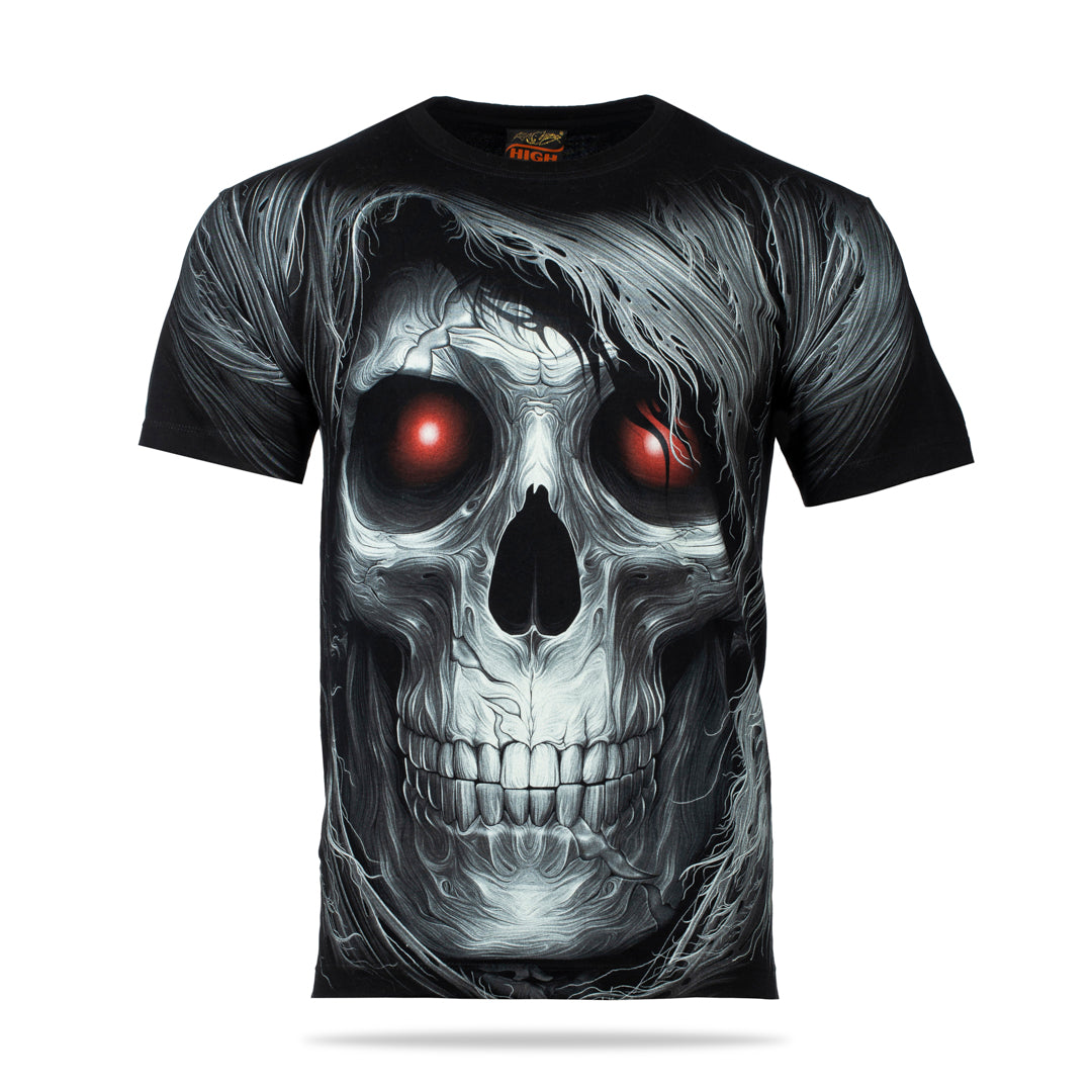 Schwarzes T-Shirt mit Totenkopf Rotauge-Print, Vorderseite