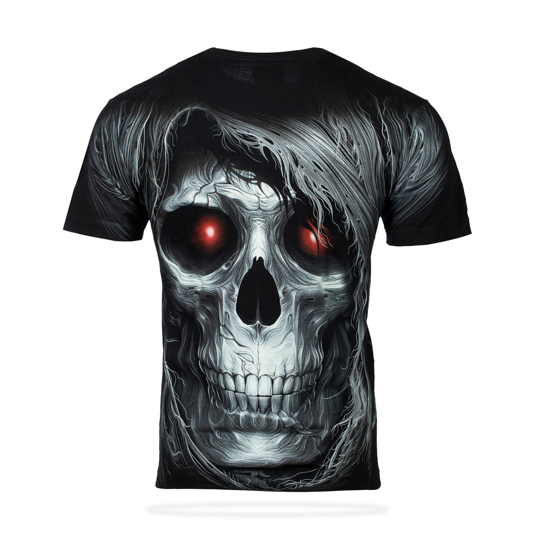 Schwarzes T-Shirt mit Totenkopf Rotauge-Print, Rückseite
