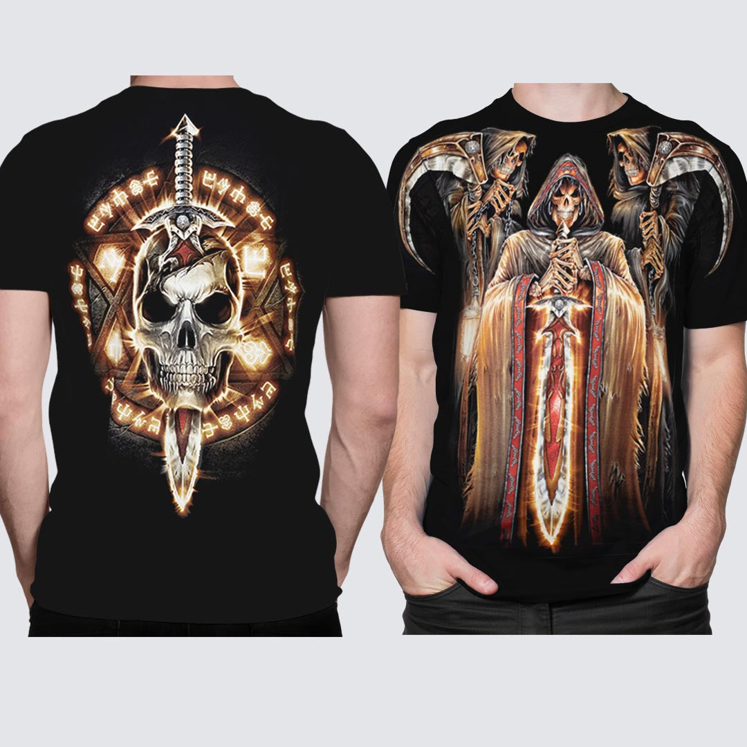 Schwarzes T-Shirt mit Totenwache-Print, Vorder- und Rückseite
