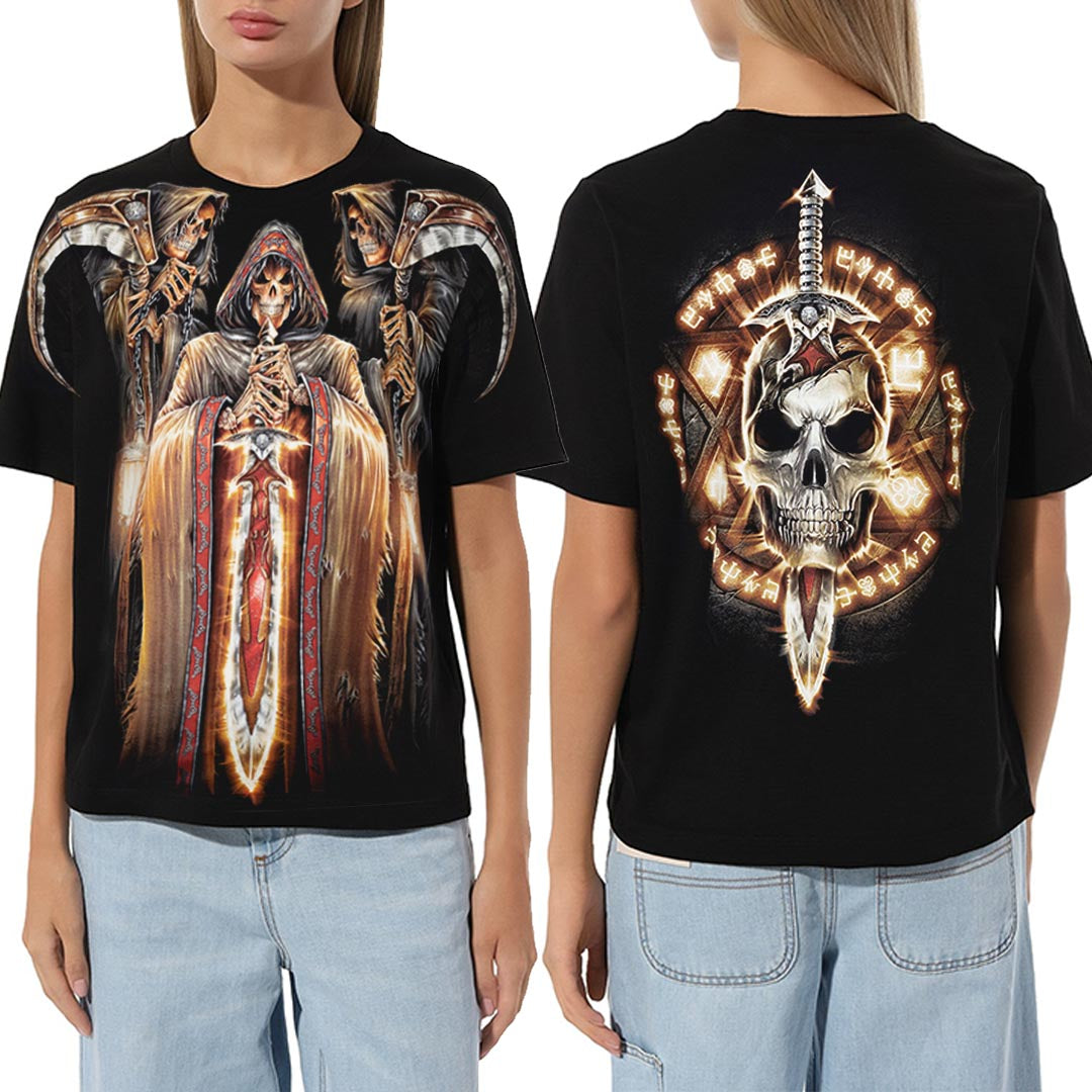 Schwarzes T-Shirt mit Totenwache-Print, Vorder- und Rückseite