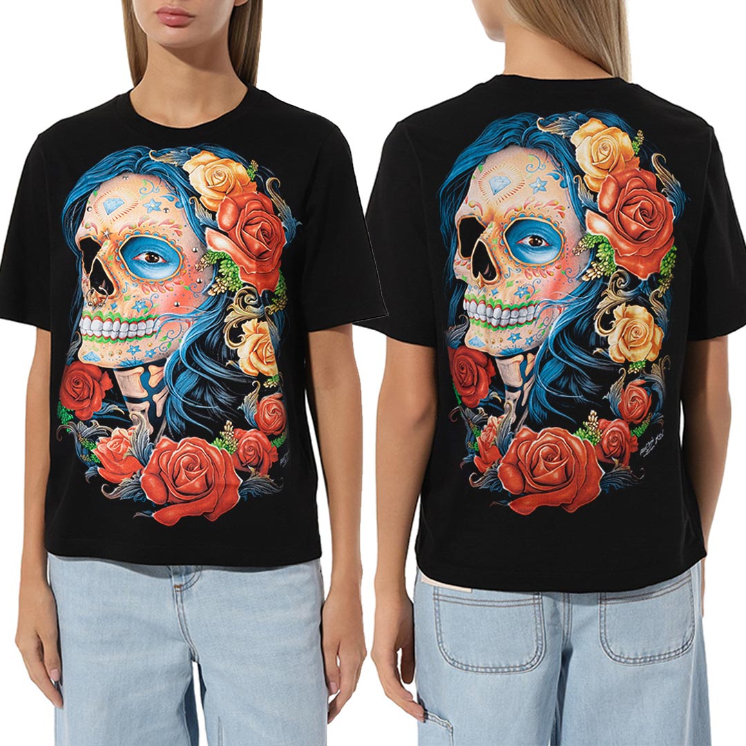 Schwarzes T-Shirt mit Beauty Rosalie-Print, Vorder- und Rückseite