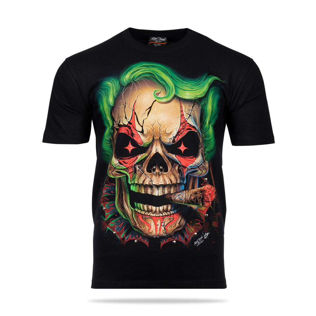 Schwarzes T-Shirt mit Smoking Skull-Print, Vorderseite