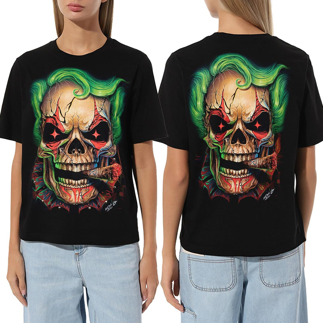 Schwarzes T-Shirt mit Smoking Skull-Print, Vorder- und Rückseite