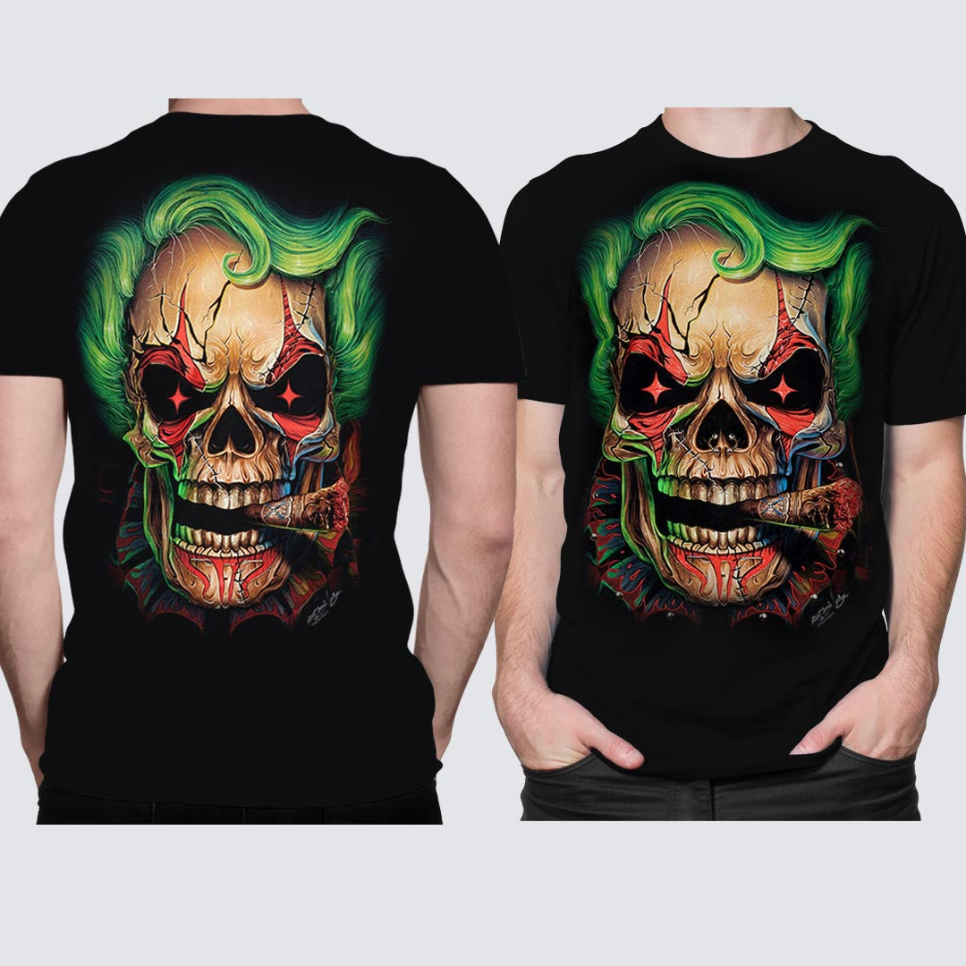 Schwarzes T-Shirt mit Smoking Skull-Print, Vorder- und Rückseite