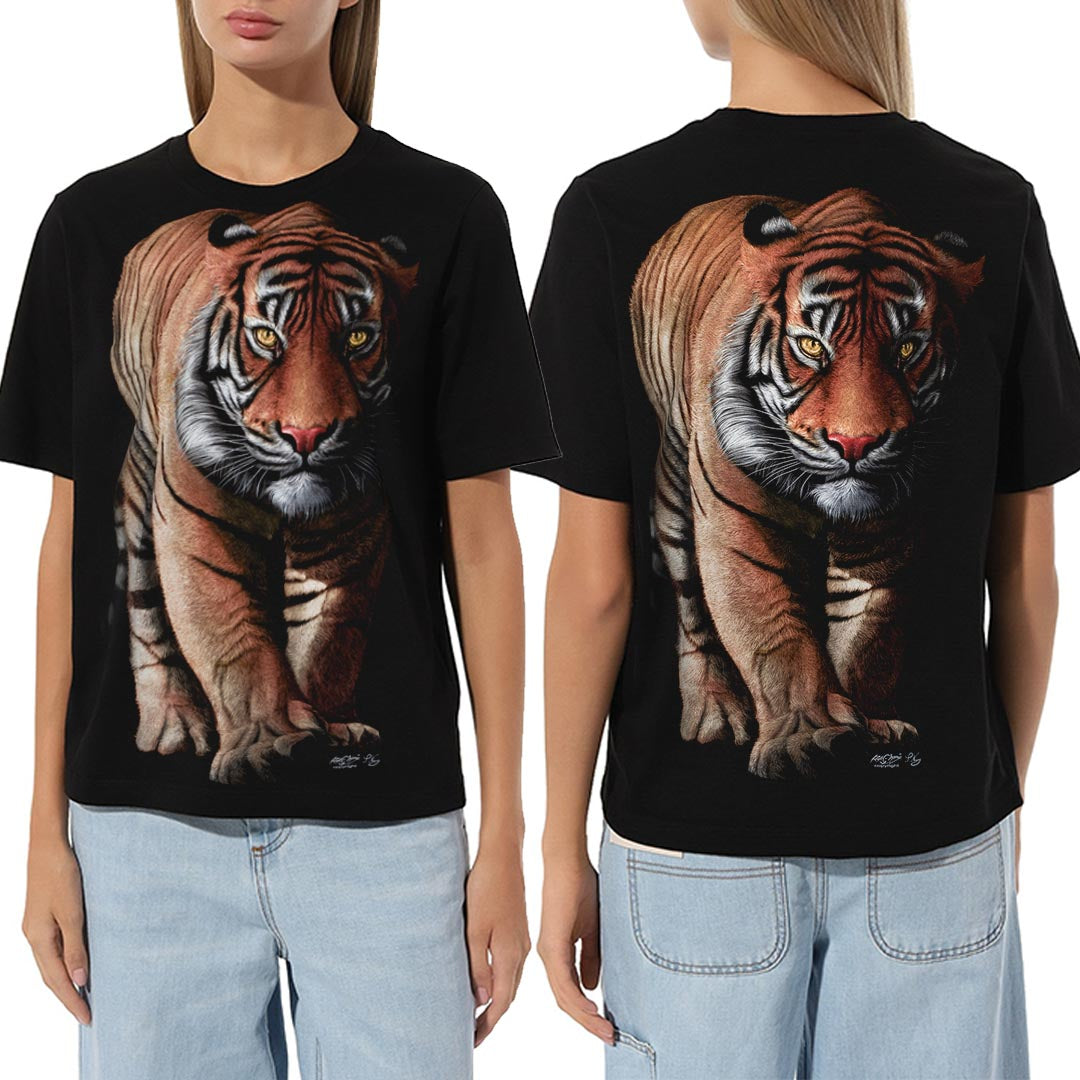 Schwarzes T-Shirt mit Tiger-Print, Vorder- und Rückseite