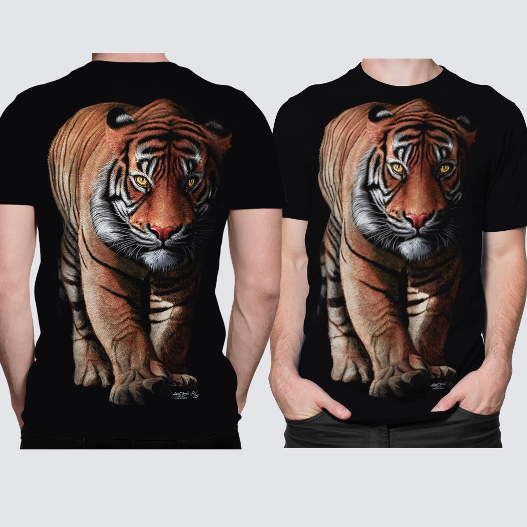 Schwarzes T-Shirt mit Tiger-Print, Vorder- und Rückseite