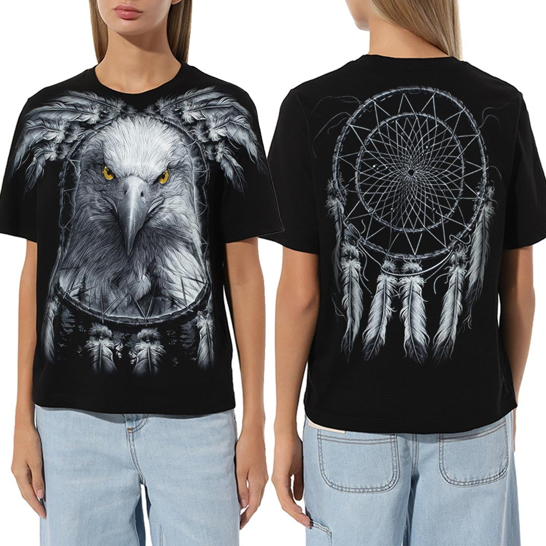 Schwarzes T-Shirt mit Adler Traumfänger-Print, Vorder- und Rückseite