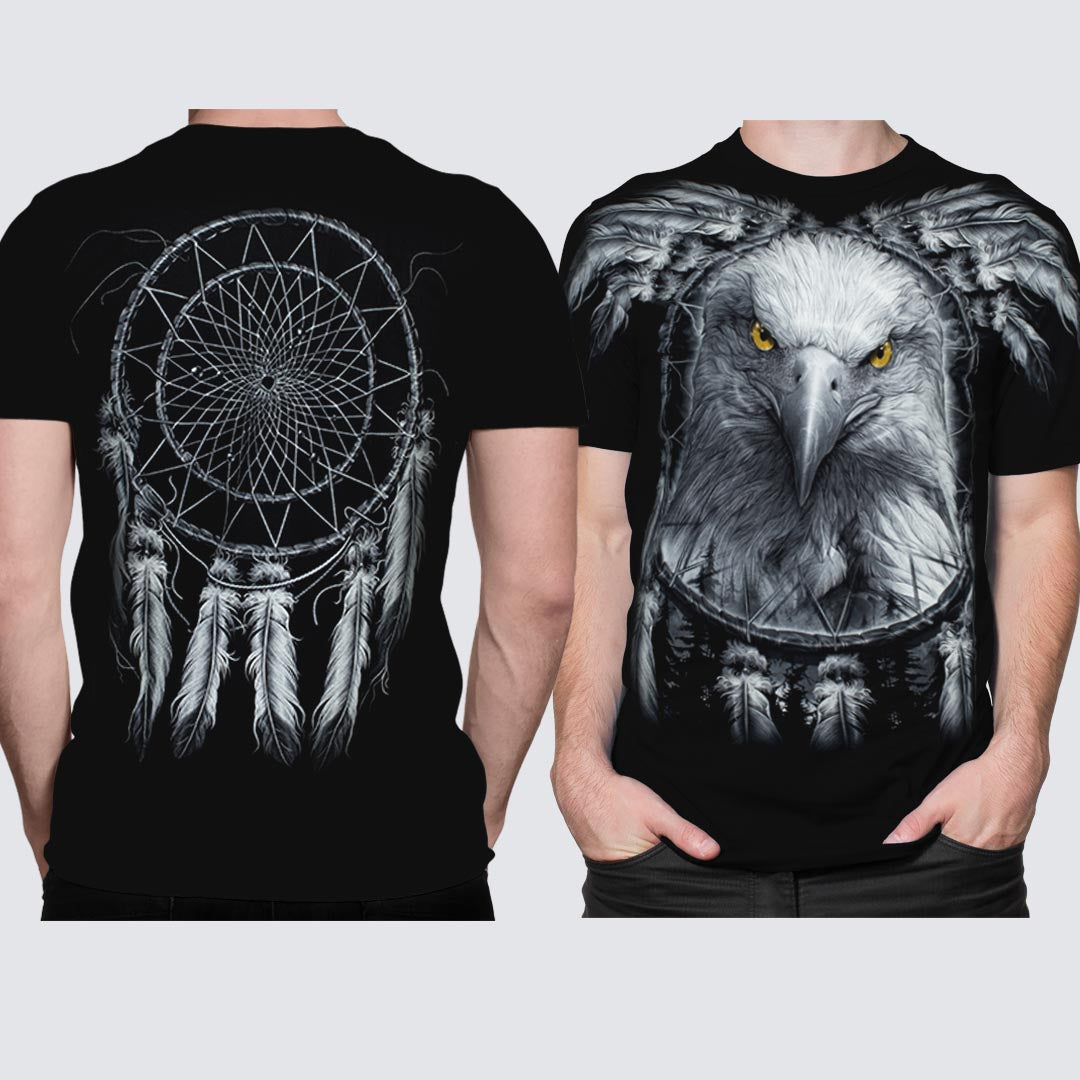 Schwarzes T-Shirt mit Adler Traumfänger-Print, Vorder- und Rückseite