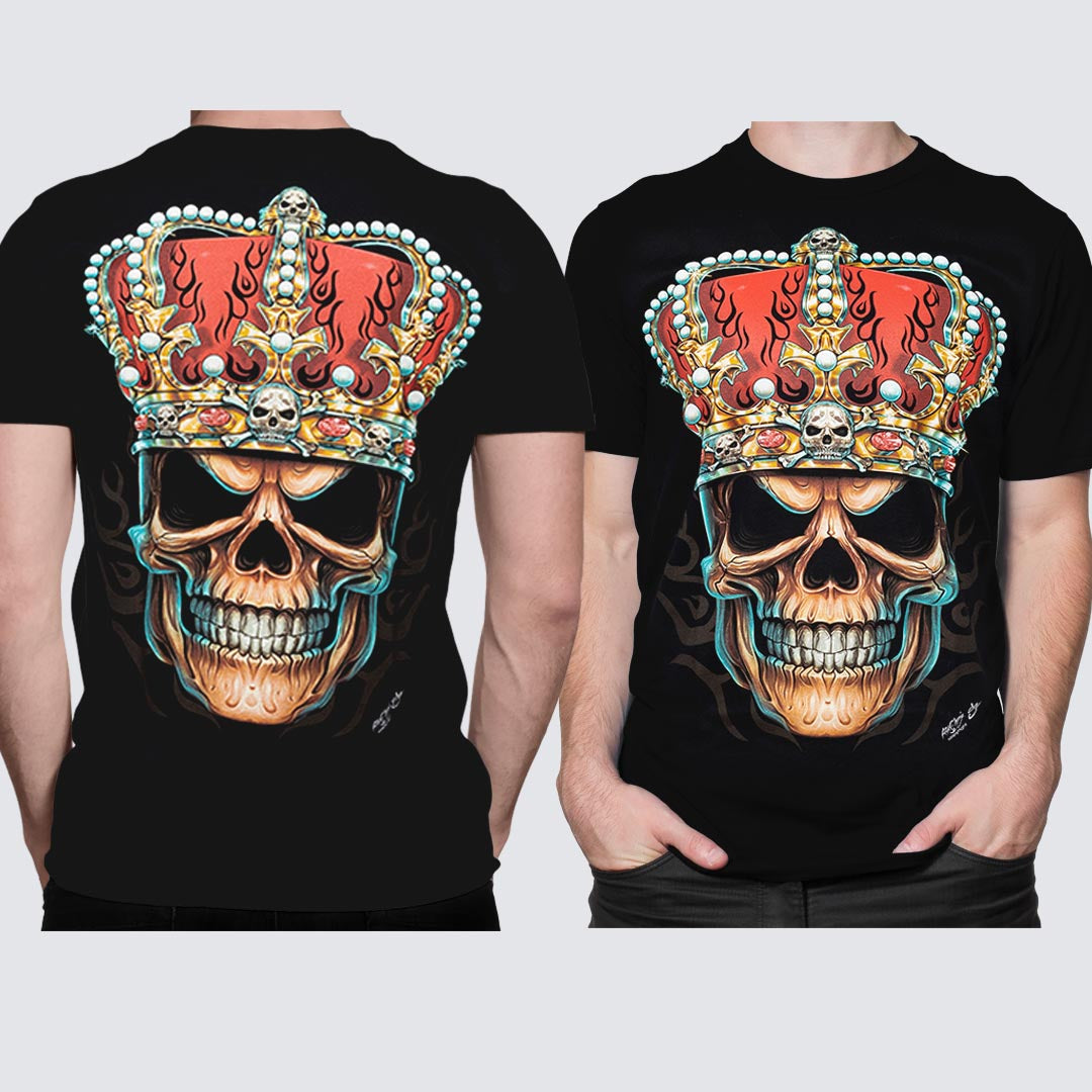 Schwarzes T-Shirt mit The King-Print, Vorder- und Rückseite