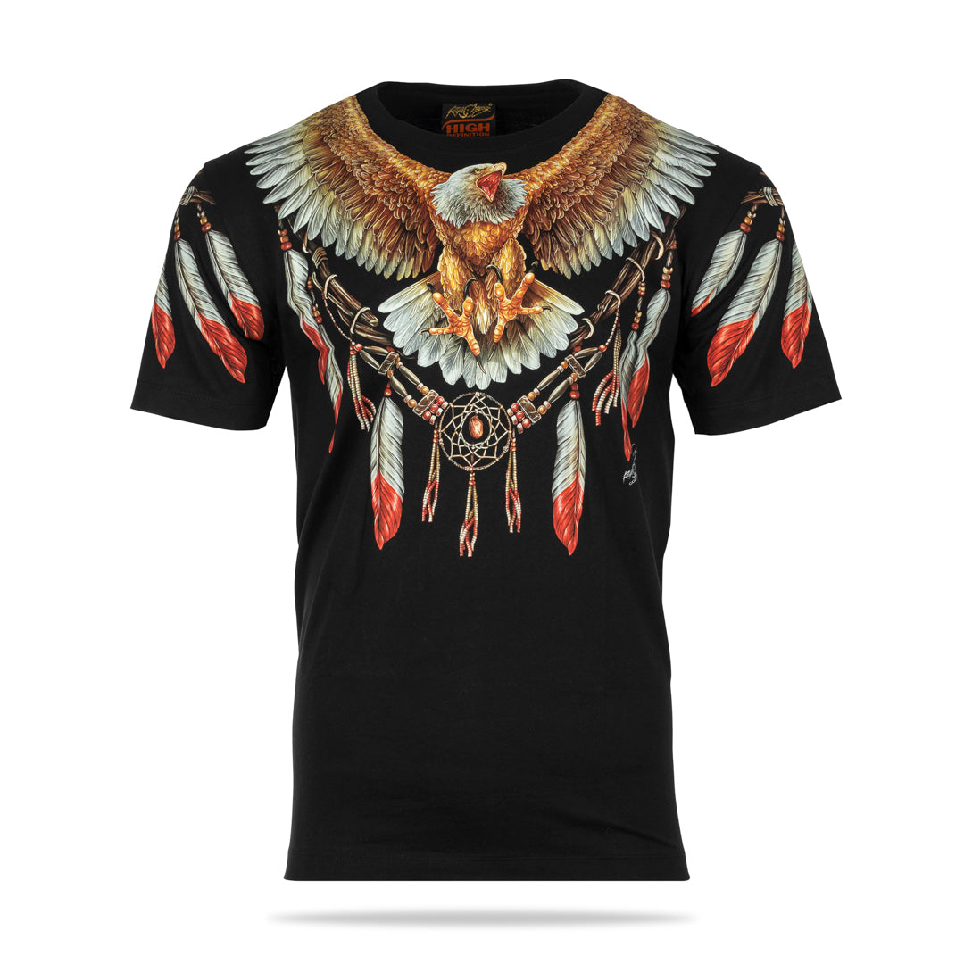 Schwarzes T-Shirt mit Adler Federschmuck-Print, Vorderseite