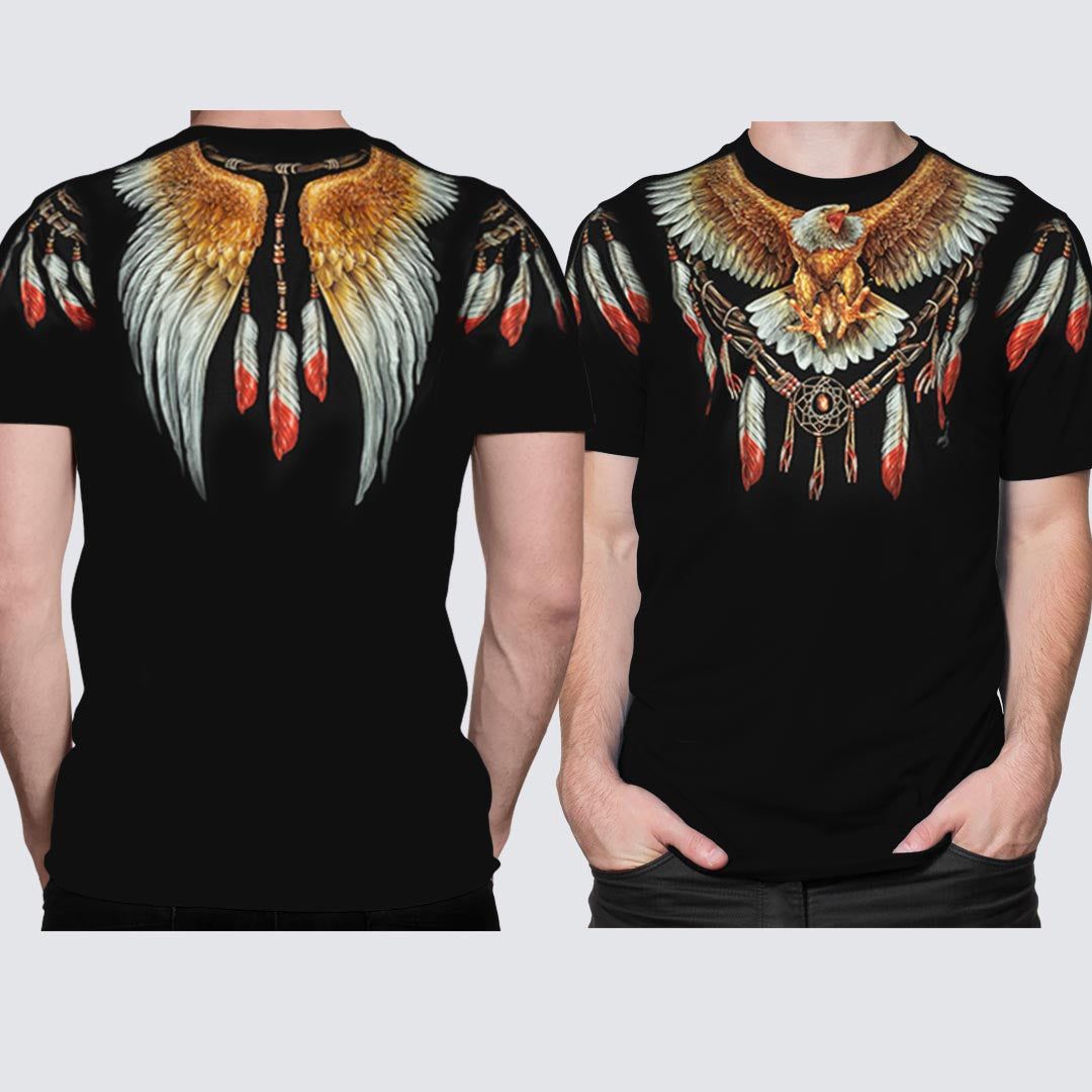 Schwarzes T-Shirt mit Adler Federschmuck-Print, Vorder- und Rückseite