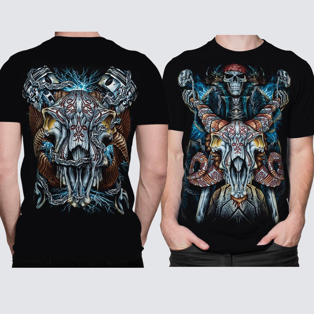 Schwarzes T-Shirt mit Ram Rider-Print, Vorder- und Rückseite