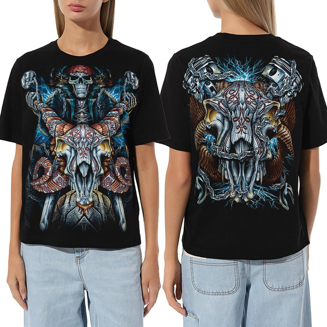 Schwarzes T-Shirt mit Ram Rider-Print, Vorder- und Rückseite