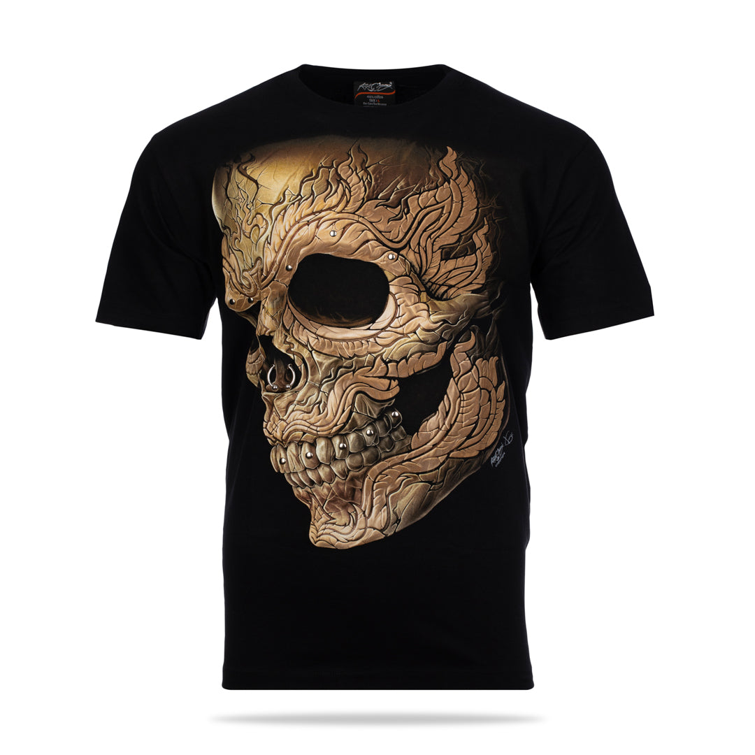 Schwarzes T-Shirt mit Totenkopf, Piercing und Zahnnieten-Print, Vorderseite