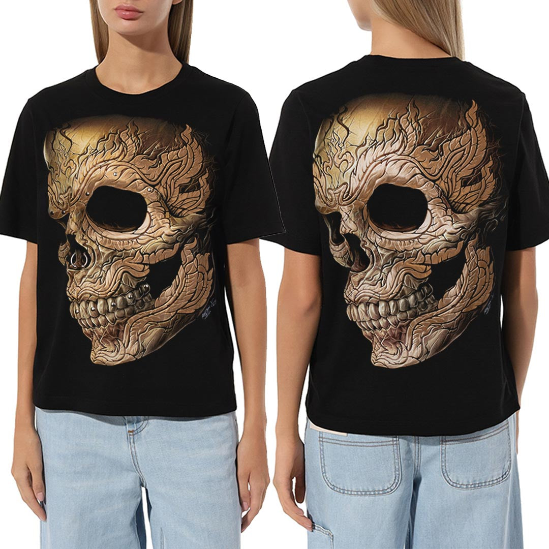 Schwarzes T-Shirt mit Totenkopf-Print, Vorder- und Rückseite