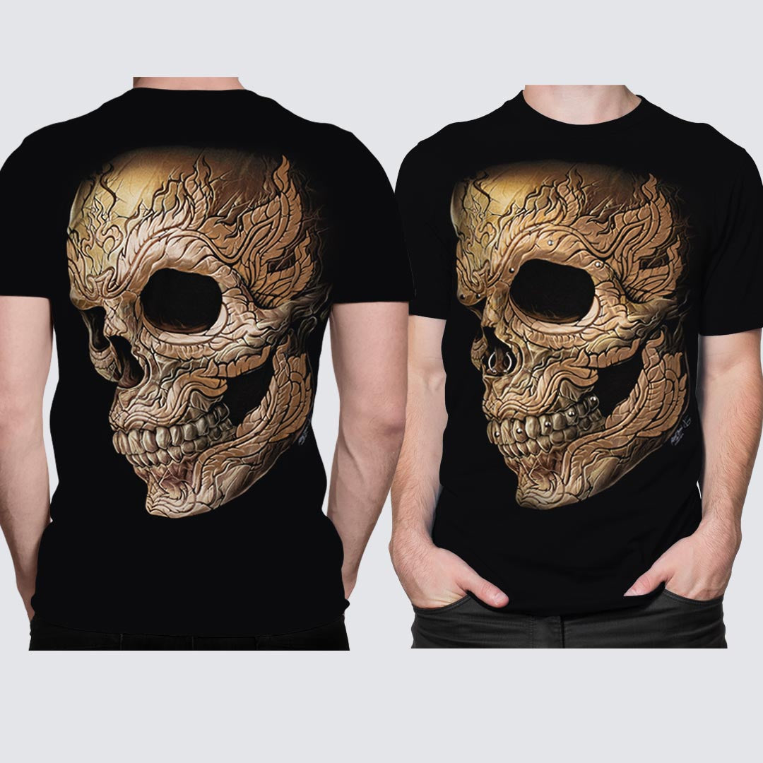 Schwarzes T-Shirt mit Totenkopf-Print, Vorder- und Rückseite