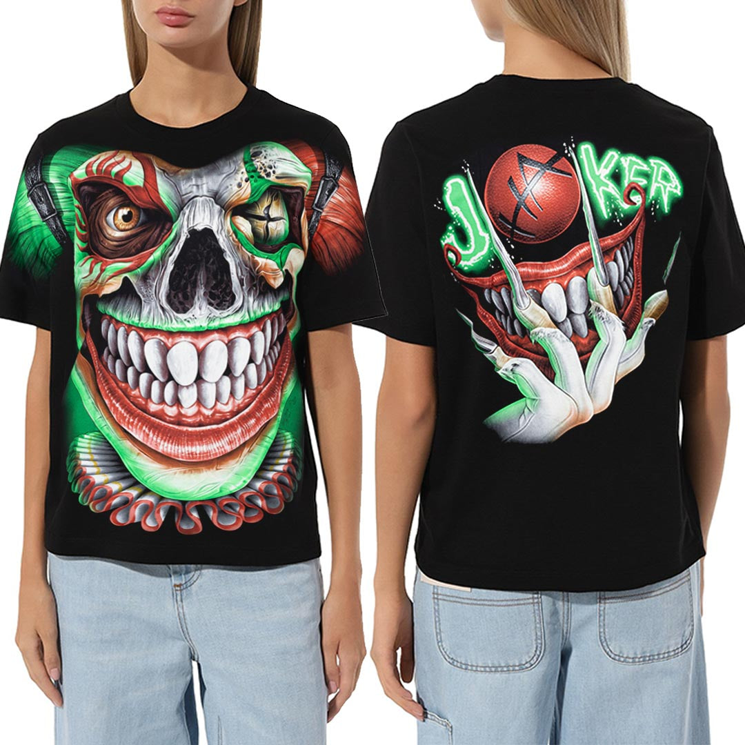 Schwarzes T-Shirt mit Jolli Smily-Print, Vorder- und Rückseite