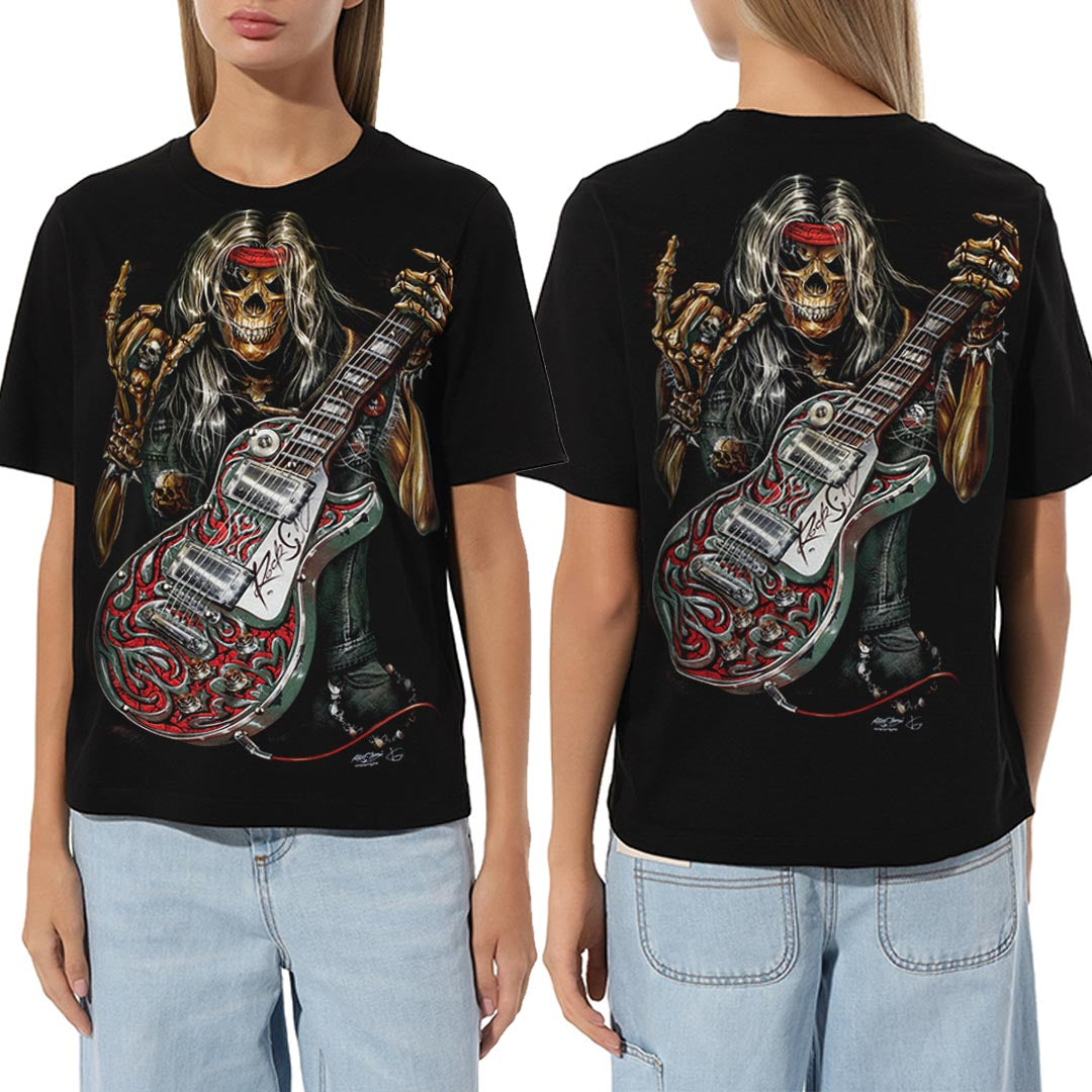 Schwarzes T-Shirt mit Death Metal-Print, Vorder- und Rückseite