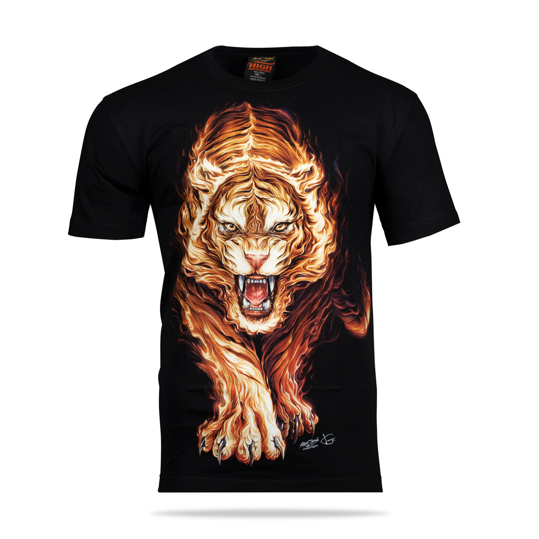 Schwarzes T-Shirt mit Tiger aus Flammen-Print, Vorderseite