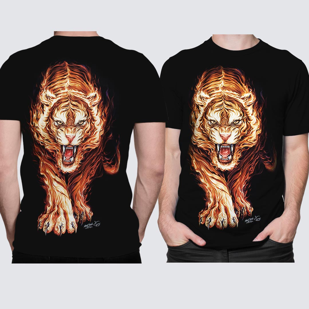 Schwarzes T-Shirt mit Tiger aus Flammen-Print, Vorder- und Rückseite