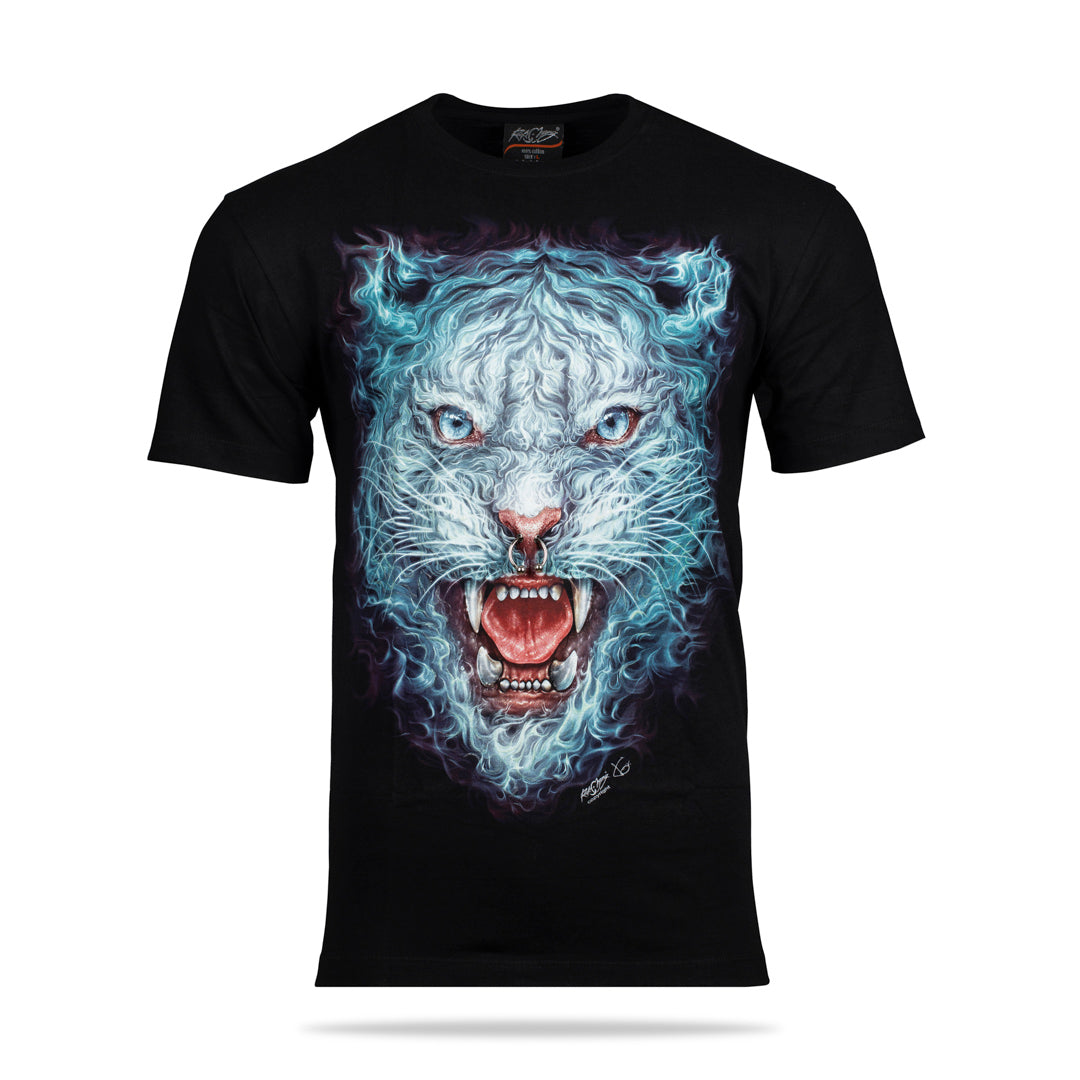 Schwarzes T-Shirt mit Flammen-Gepard-Print, Vorderseite