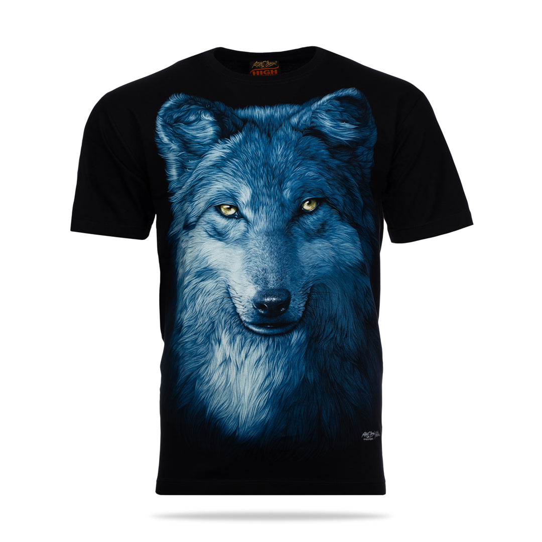 Schwarzes T-Shirt mit Wolf Kopf-Print, Vorderseite