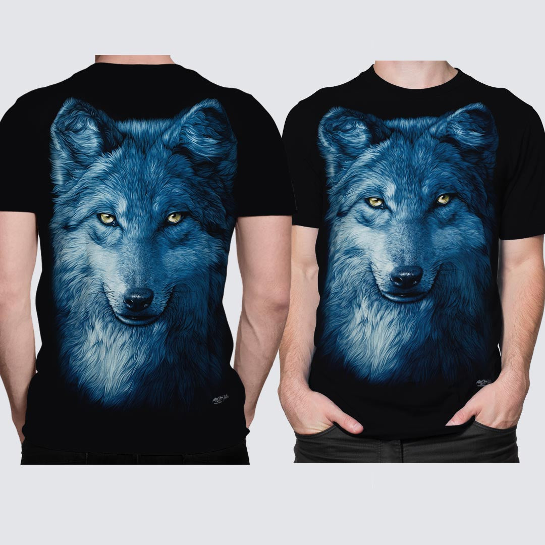 Schwarzes T-Shirt mit Wolf Kopf-Print, Vorder- und Rückseite