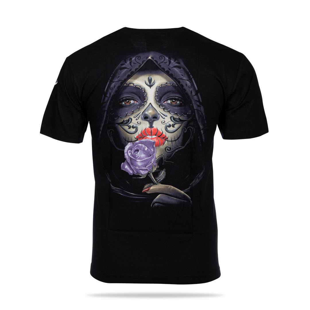 Schwarzes T-Shirt mit Purpleface-Print, Rückseite