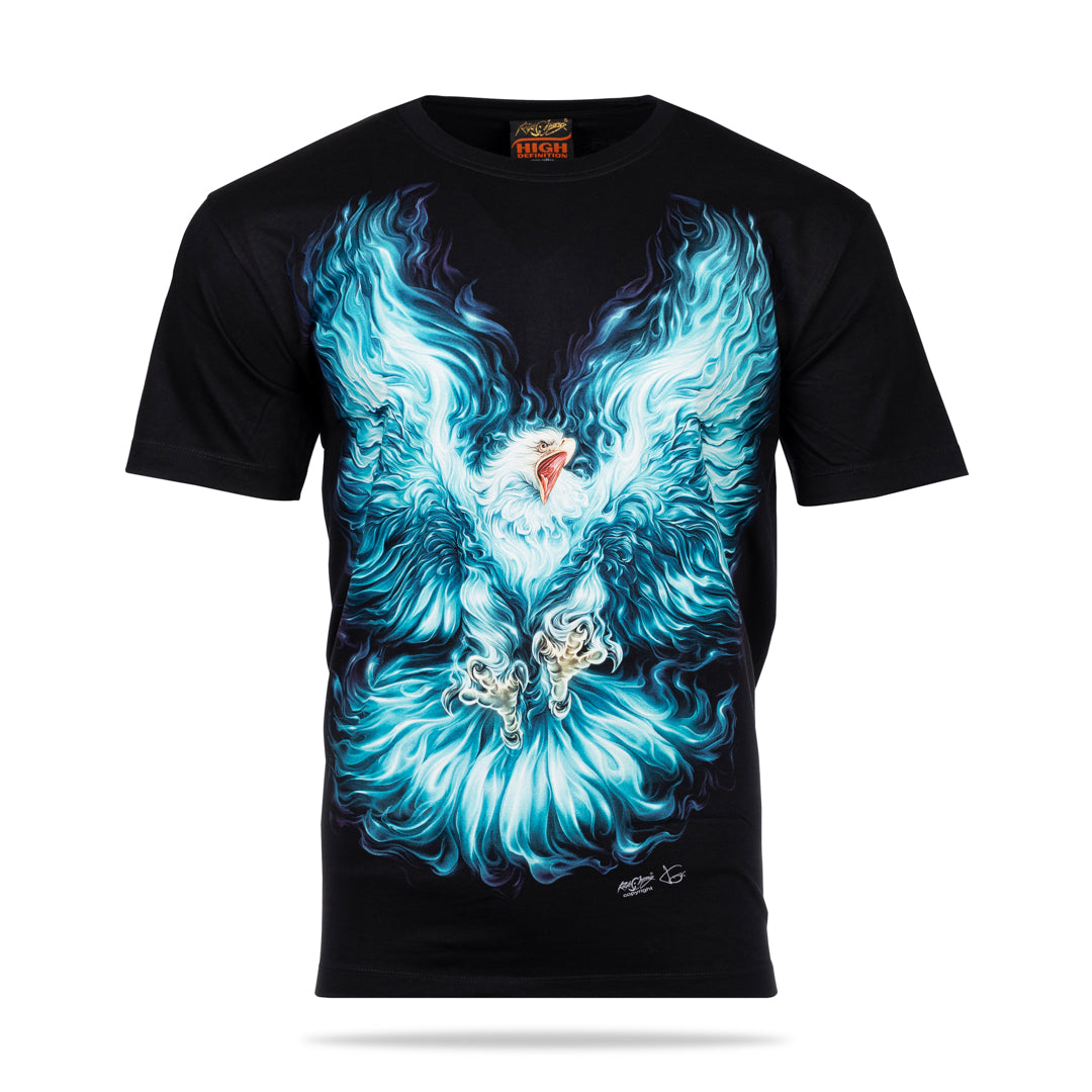 Schwarzes T-Shirt mit Adler Flammen-Print, Vorderseite