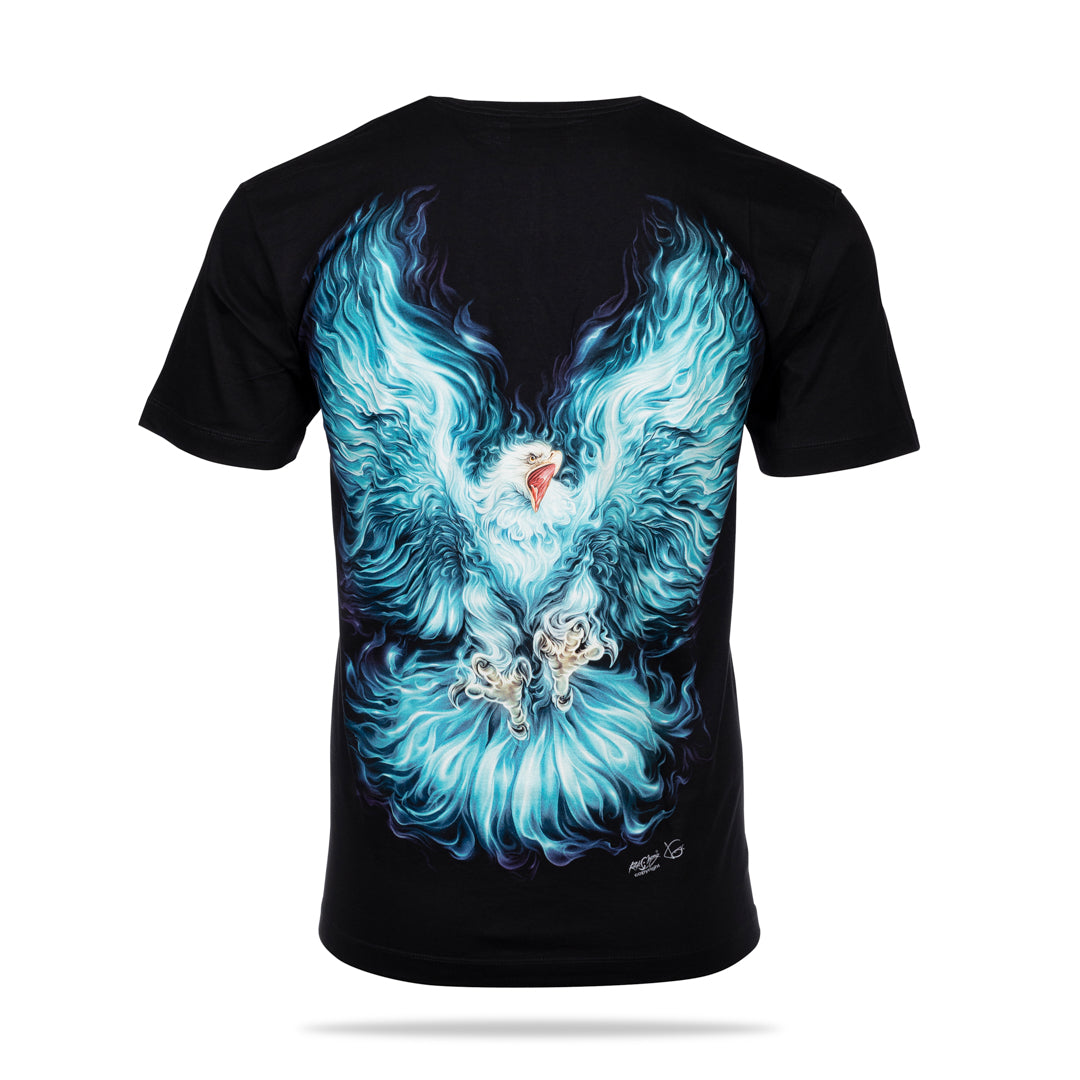 Schwarzes T-Shirt mit Adler Flammen-Print, Rückseite