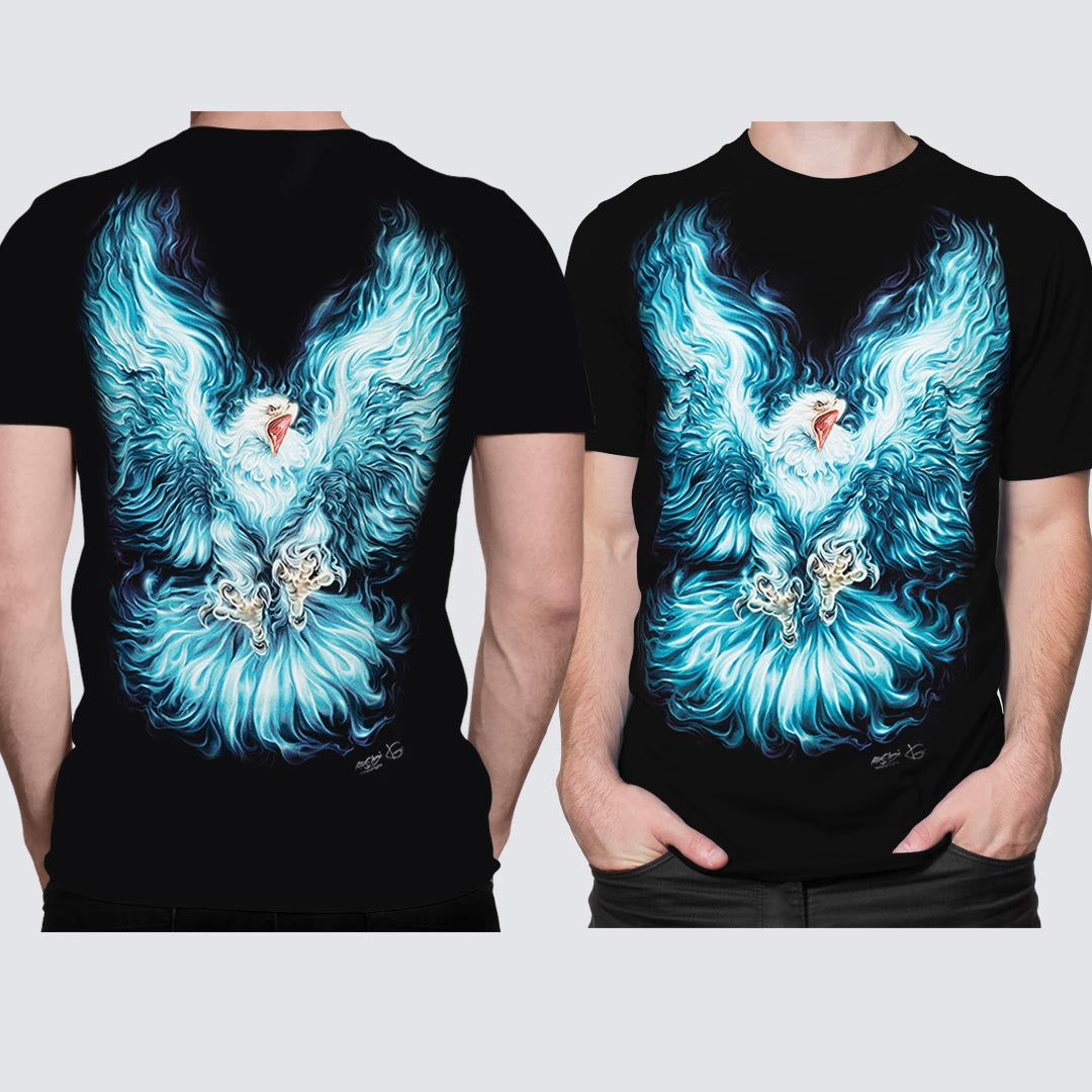 Schwarzes T-Shirt mit Adler Flammen-Print, Vorder- und Rückseite