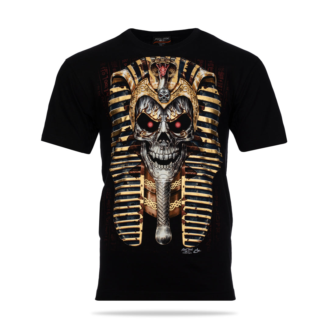 Schwarzes T-Shirt mit Pharao Totenkopf-Print, Vorderseite