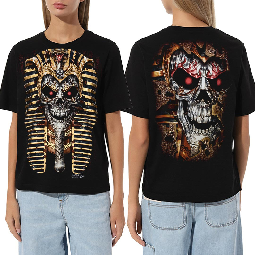 Schwarzes T-Shirt mit Pharao Totenkopf-Print, Vorder- und Rückseite