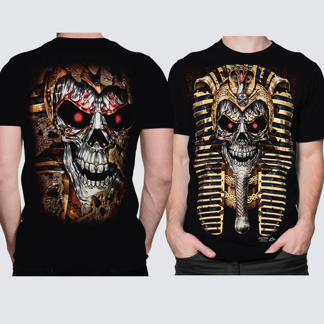 Schwarzes T-Shirt mit Pharao Totenkopf-Print, Vorder- und Rückseite