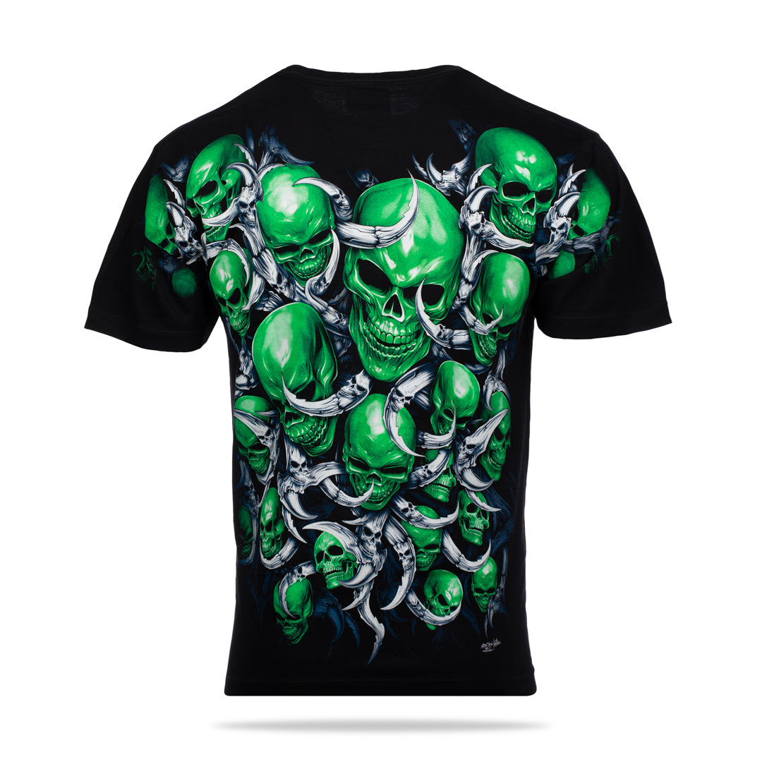 Schwarzes T-Shirt mit grünen Totenköpfen-Print, Rückseite
