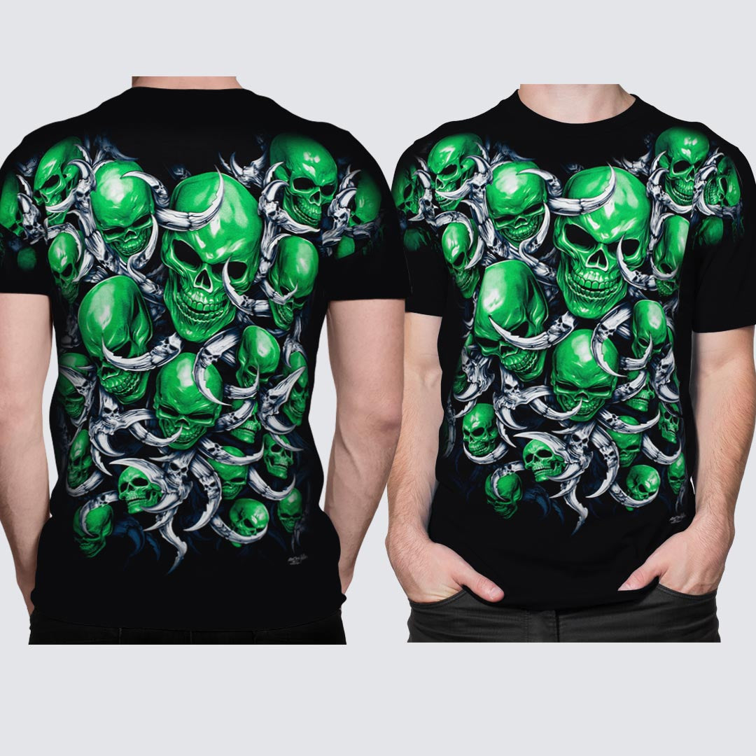 Schwarzes T-Shirt mit grünen Totenköpfen-Print, Vorder- und Rückseite