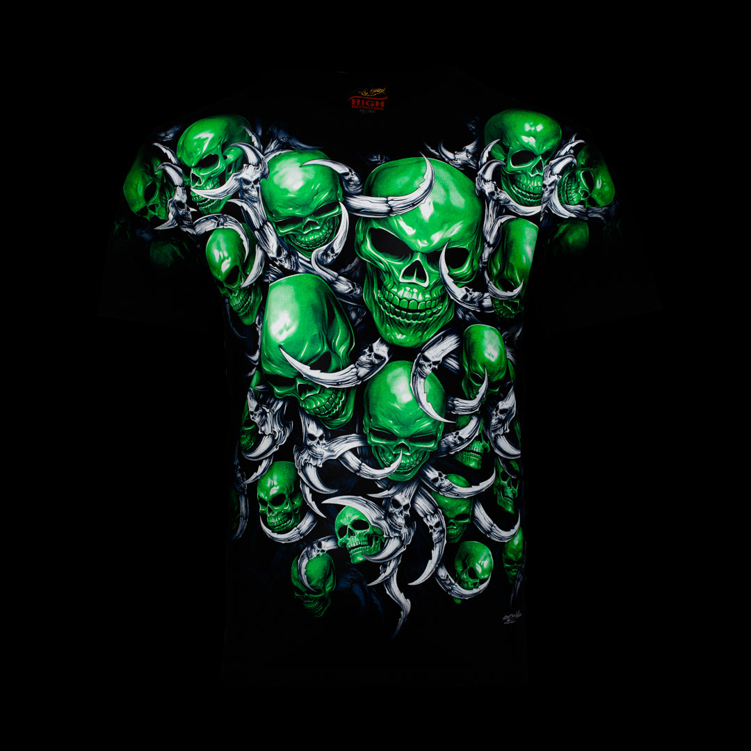 Schwarzes T-Shirt mit grünen Totenköpfen-Print