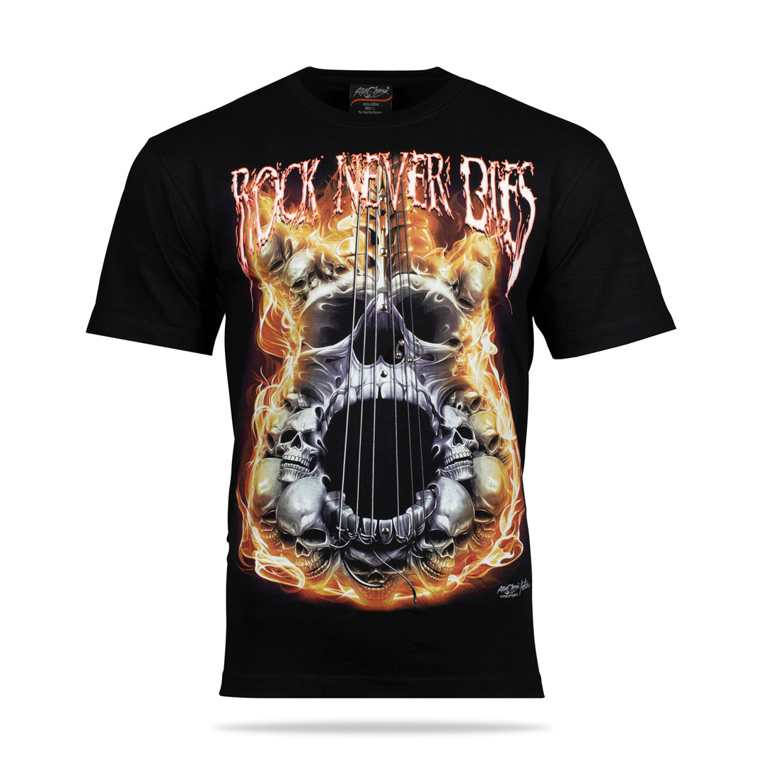 Schwarzes T-Shirt mit Skull Strings Rock never die-Print, Vorderseite