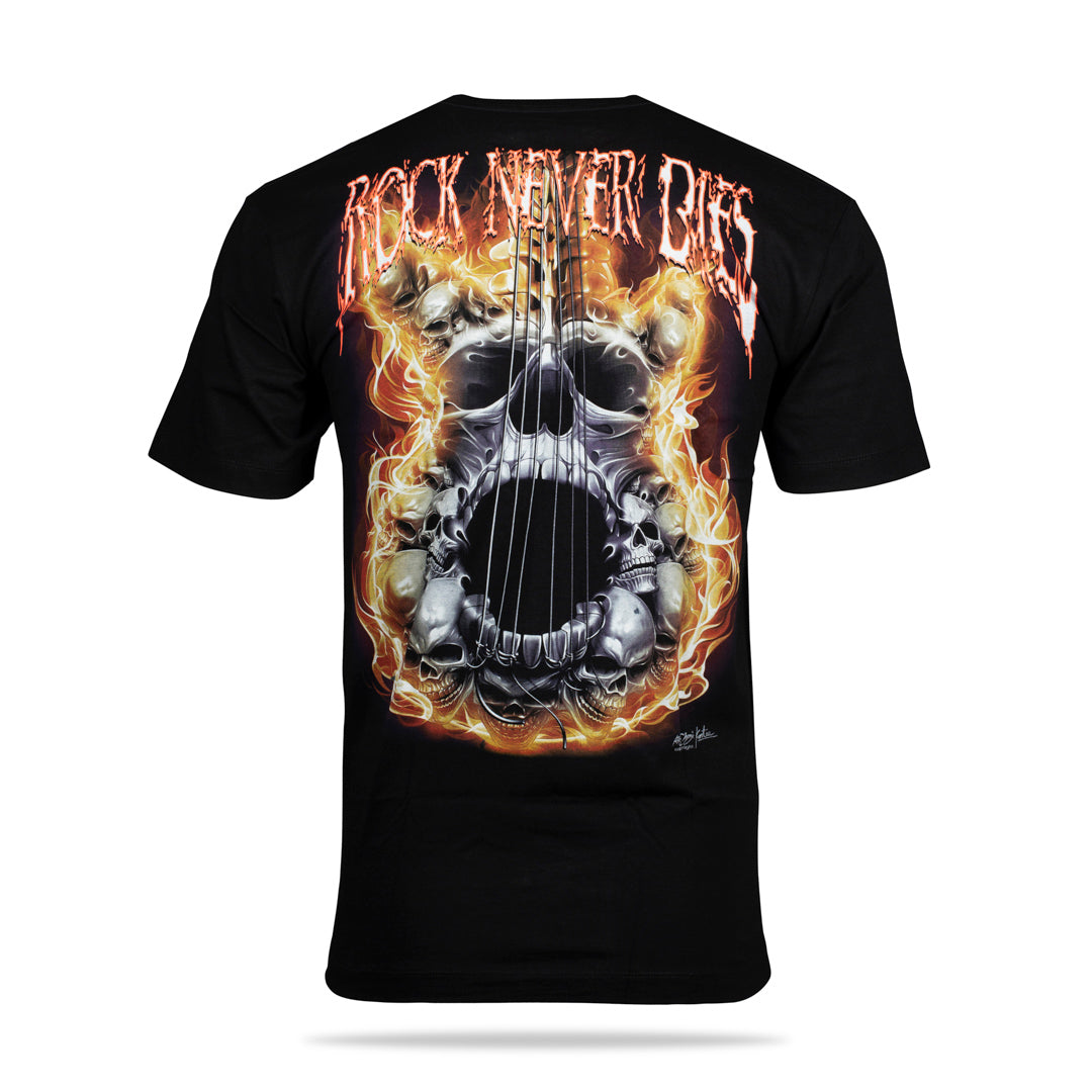 Schwarzes T-Shirt mit Skull Strings Rock never die-Print, Rückseite
